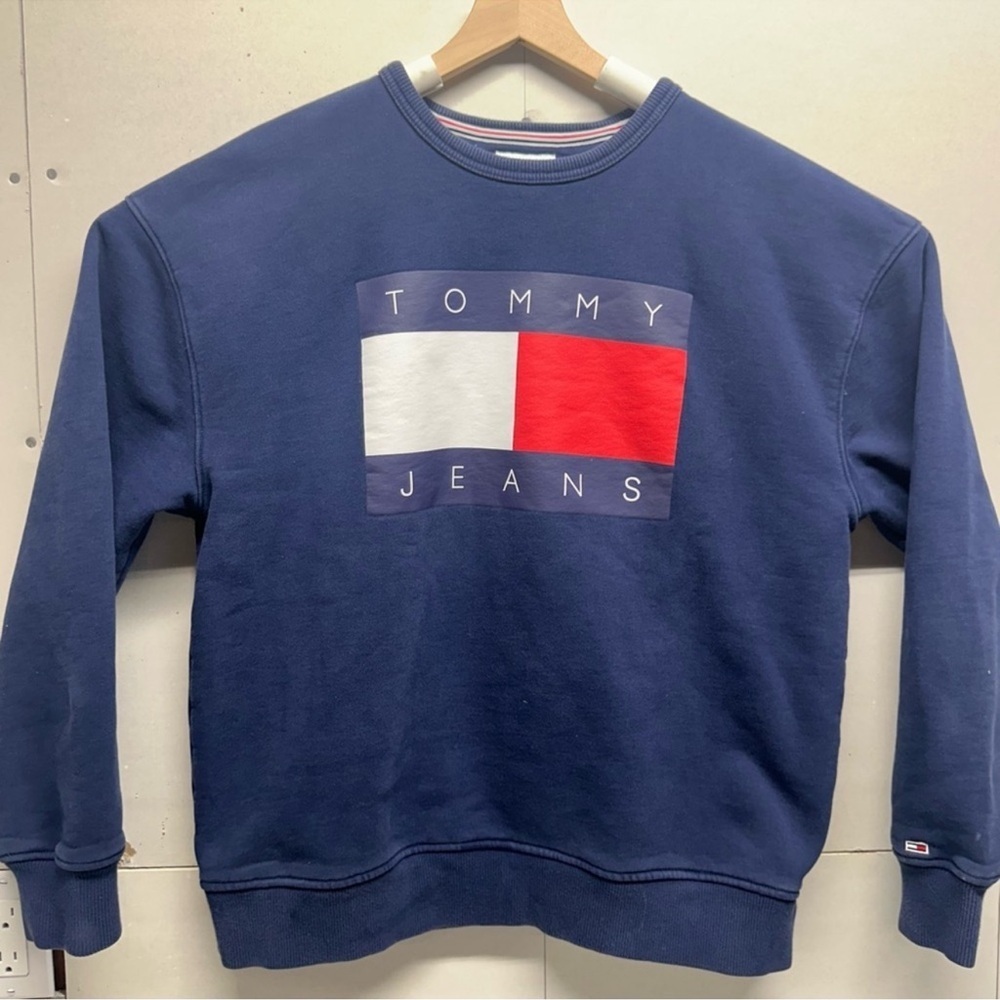 Tommy Jeans Crewneck Sweatshirt Men’s Large Blue Flag Logo Fleece Pullover